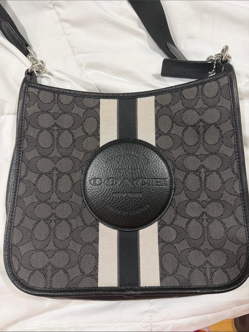 COACH Black and Ivory Signature Stripe Crossbody Bag